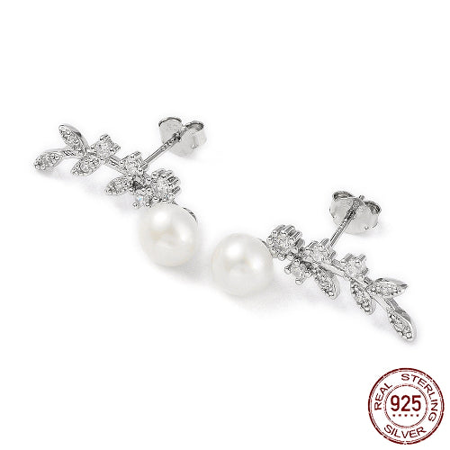 Boucles d'Oreilles Branche Feuillue en Zircone Cubique avec Perles Naturelles - 925 Argent Sterling Rhodié pour Femme, Platine