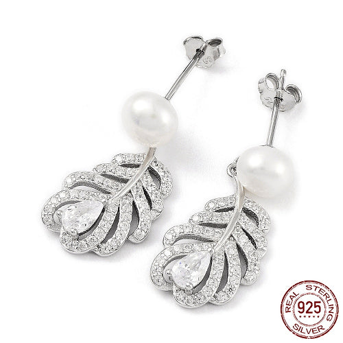 Boucles d'Oreilles Pendantes en Plume de Zircone Cubique avec Perles Naturelles - 925 Argent Sterling Rhodié pour Femme, Platine
