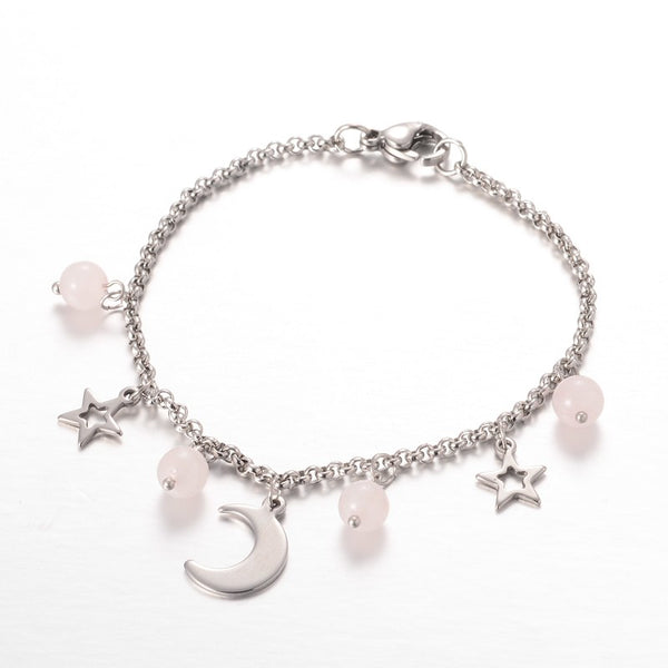 bracelet fête des mèress Lune & Étoiles avec Breloque de Pierres Précieuses en Acier Inoxydable - Quartz Rose