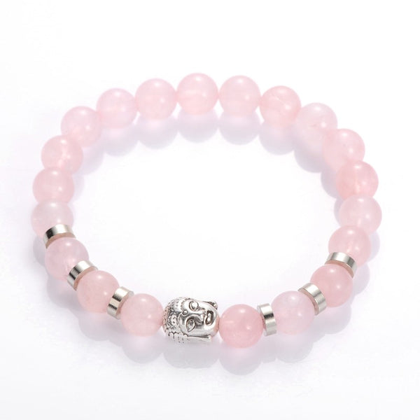 Bracelet Extensible avec Perles de Pierres Précieuses et Tête de Bouddha - Quartz Rose