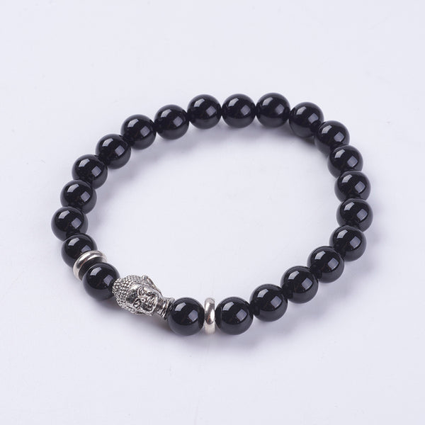 Bracelets Extensibles en Agate Noire Naturelle avec Tête de Bouddha en Alliage