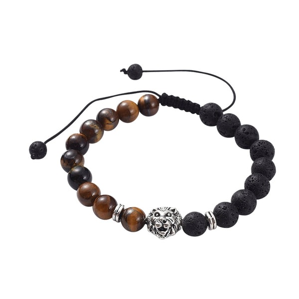 Kit de bracelet fête des mèress tressés réglables avec perles en pierre de lave et en œil de tigre, ornés d'un lion de style tibétain en argent antique
