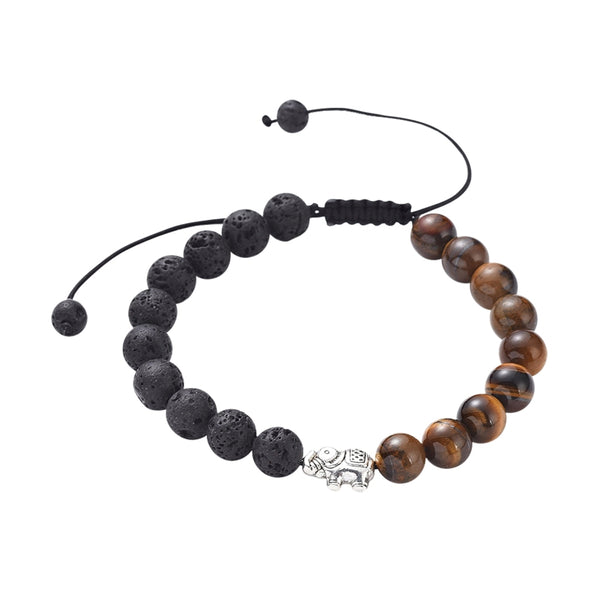 Kit de bracelets tressés réglables avec perles en pierre de lave et en œil de tigre, ornés d'éléphants de style tibétain en argent antique