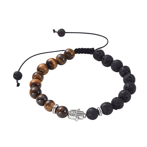 Kit de bracelets réglables main hamsa/main de Miriam en perles tressées avec pierre de lave naturelle et perles en œil de tigre, argent antique