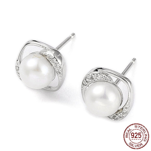 Boucles d'Oreilles Carrées en Zircone Cubique avec Perles Naturelles - 925 Argent Sterling Rhodié pour Femme, Platine