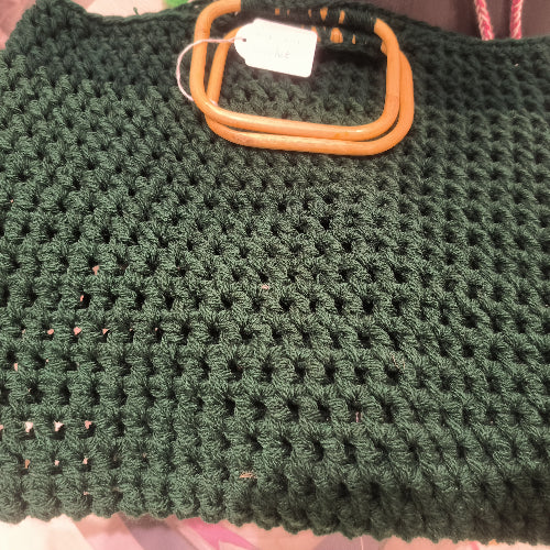 Sac à Main Vert Sapin Vintage en Crochet avec Anse Rectangulaire en Bois